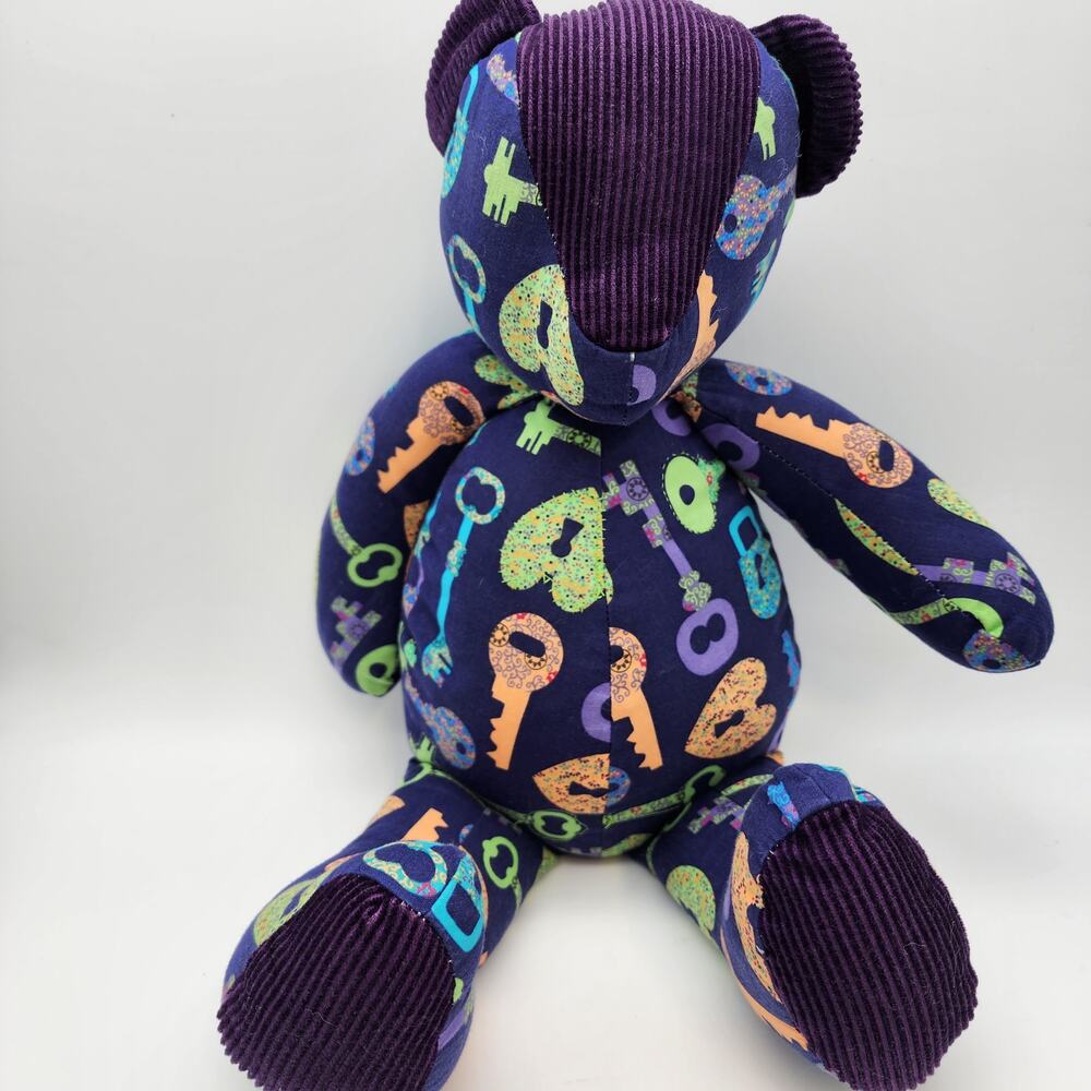Allover Lock & Key Print Corduroy Bear Plush 20" Purple Feet Face No Eyes Toy